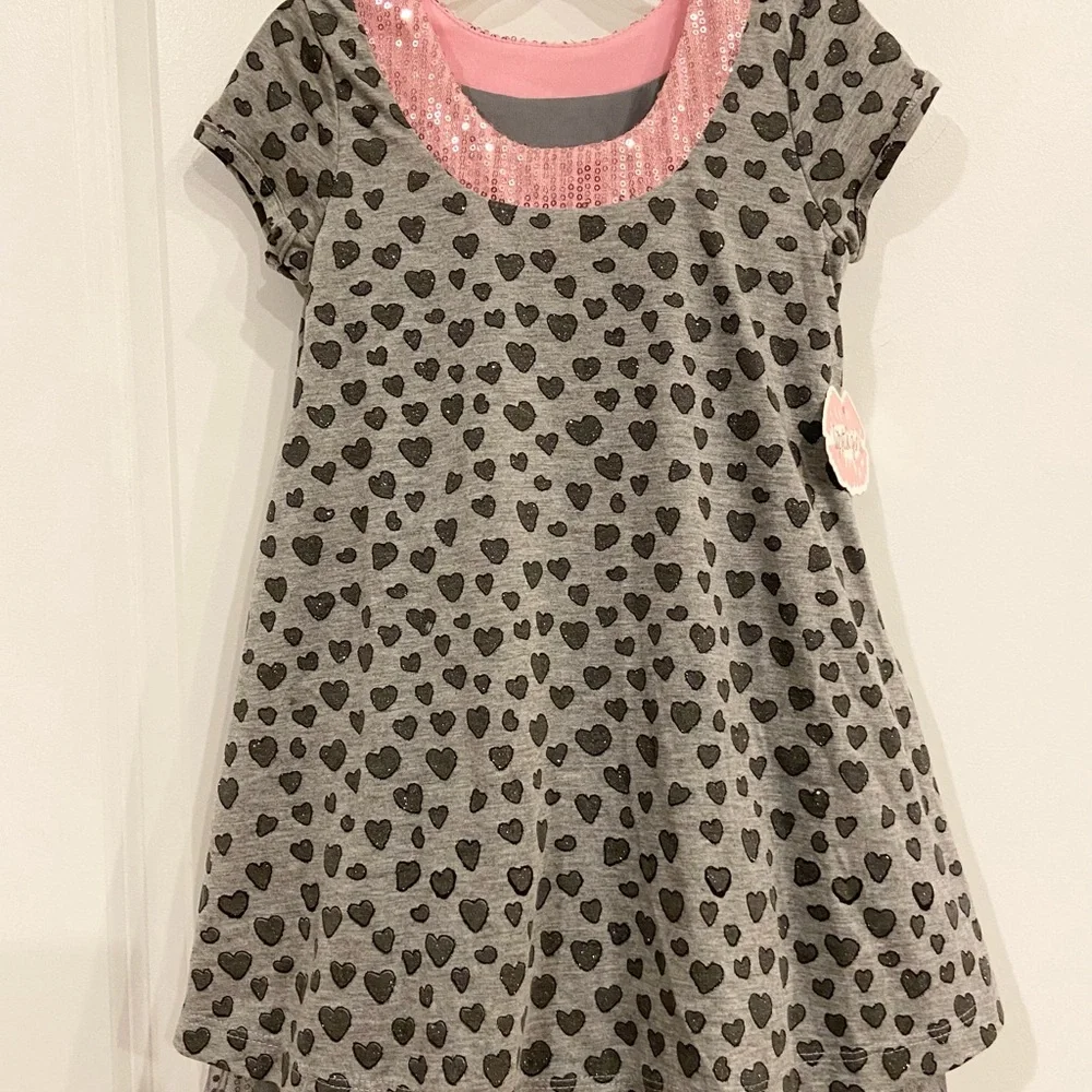 Lipstik‎ Girls Sparkly Hearts 💕 Gray and Pink Kids Dress NWT sz 5